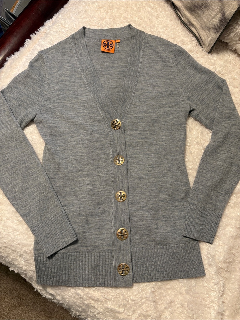 Tory Burch Light Gray Lightweight Merino Wool V-Neck Golf Logo Button Cardigan S